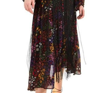 Farm Rio Wild Mixed-Print Fringe Midi Skirt